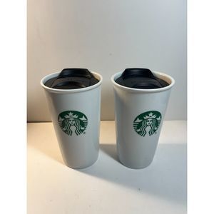 Lot of 2 Starbucks Ceramic Travel Mugs 10 Oz White Tumblers with Black Lids